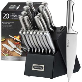 McCook MC69B Knife Sets,20 Pieces German Stainless Kitchen Knife Set with Built-in Sharpener,One Piece Design Knife Set with Block, Black